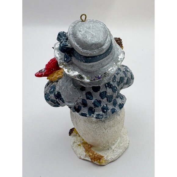 Vintage Snowman Christmas Ornament Holding Red Cardinal Bird Blue Hat & Scarf - Picture 2 of 7